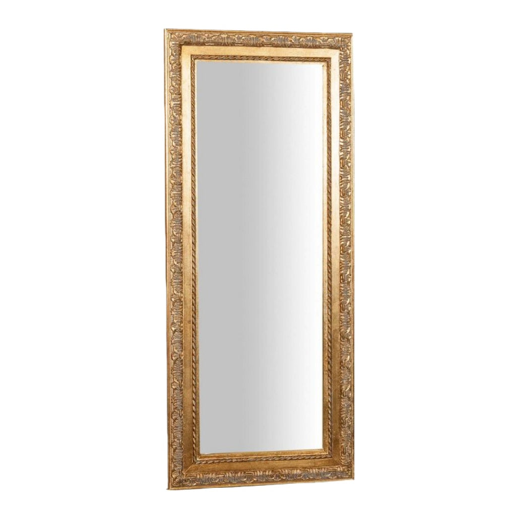 Miroir sur pied doré avec cadre orné, style vintage