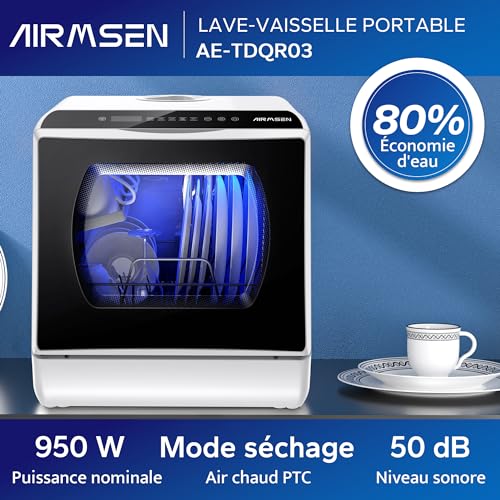 AIRMSEN Mini Lave-Vaisselle de Comptoir, 5+1 Programmes, Réservoir d'Eau de 5L, Contrôle Tactile et Écran LED, Adapté pour les Cuisines Familiales, Appartements et Dortoirs, Blanc et noir