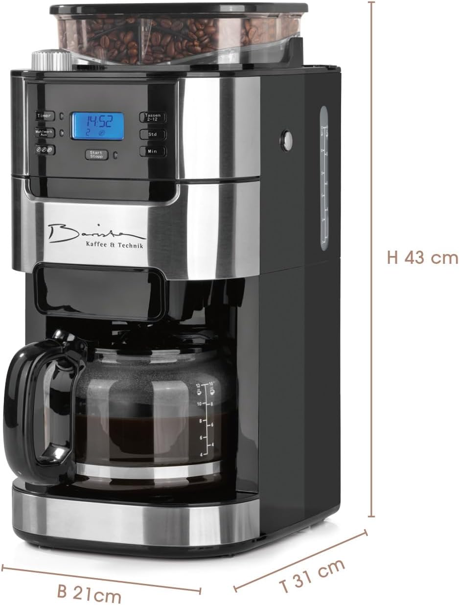 Barista Kaffee & Technik Cafetière Filtre avec verseuse erseuse en verre 1L pur 12 tasses de café, Machine a cafe grain avec broyeur et écran digital, Fonction de minuterie