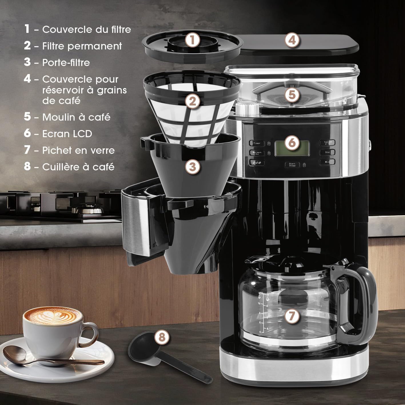 Barista Kaffee & Technik Cafetière Filtre avec verseuse erseuse en verre 1L pur 12 tasses de café, Machine a cafe grain avec broyeur et écran digital, Fonction de minuterie