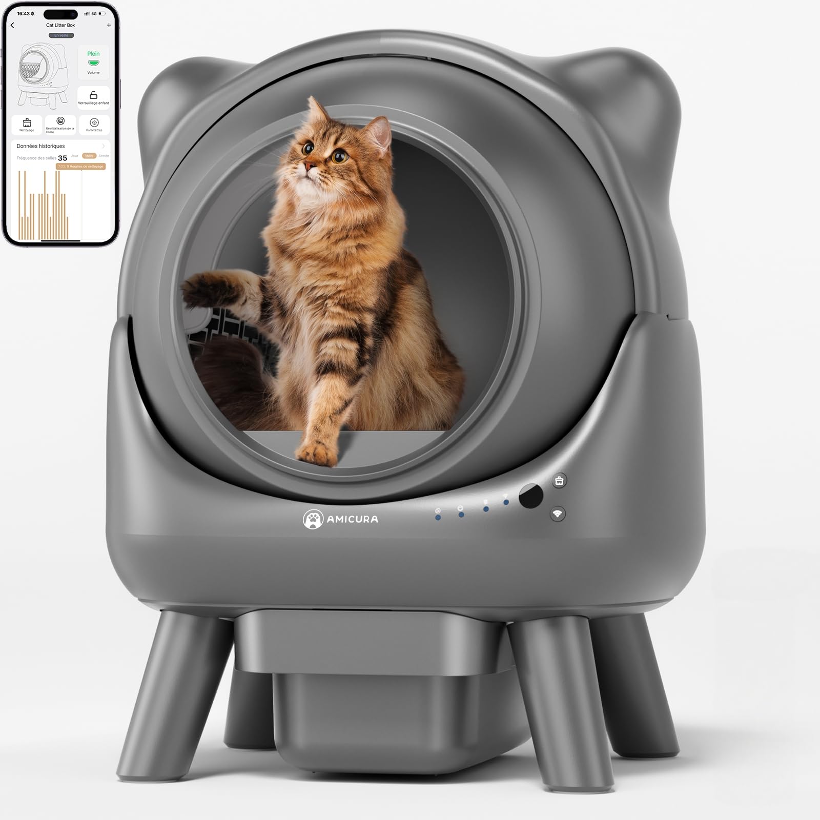 Amicura Cura X1 Litière Chat Autonettoyant avec Contrôle par Application,Capteur de Sécurité (Anti-Pinch), Anti-odeurs, Bac à Litière Autonettoyant, Litière Automatique Facile à Nettoyer