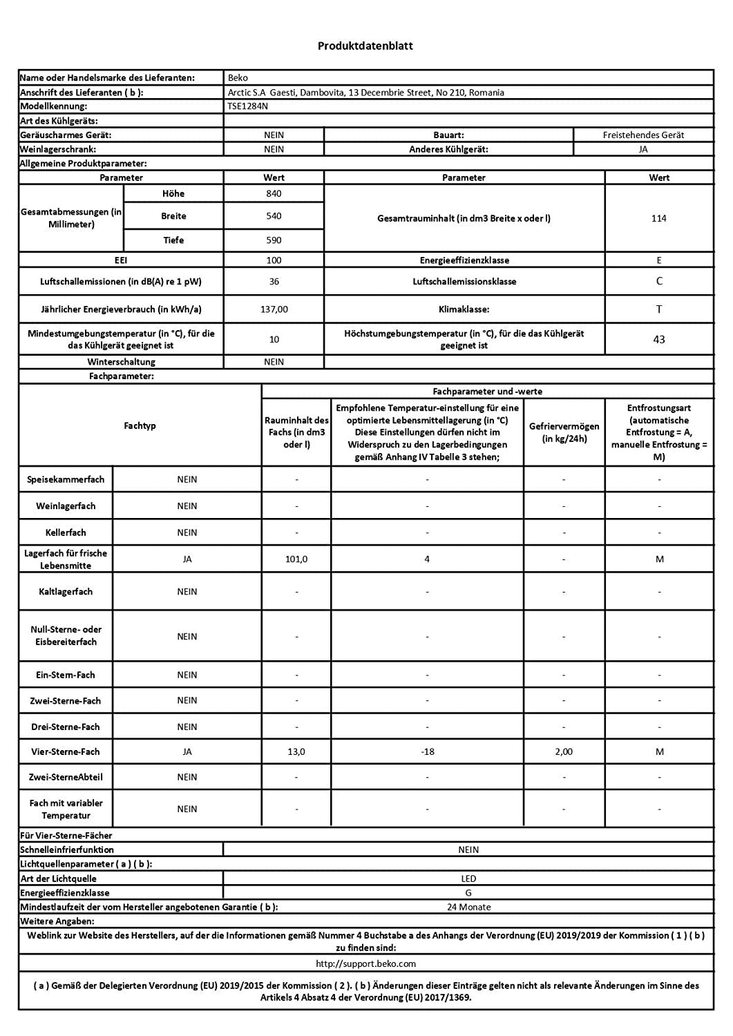 Beko TSE1284N Réfrigérateur table top - Volume total 114L : 101L (Réfrigération) + 13L (Congélation), Compartiment congélation 4 étoiles, MinFrost, Charnière de porte réversible, blanc