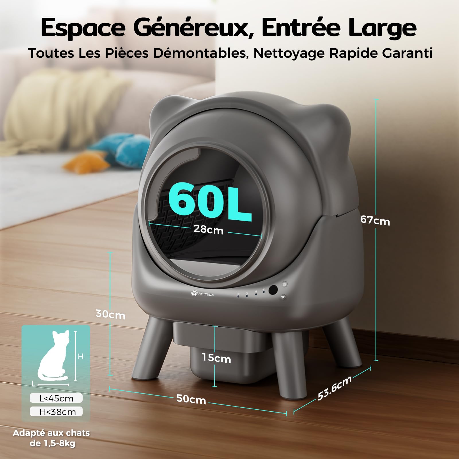 Amicura Cura X1 Litière Chat Autonettoyant avec Contrôle par Application,Capteur de Sécurité (Anti-Pinch), Anti-odeurs, Bac à Litière Autonettoyant, Litière Automatique Facile à Nettoyer