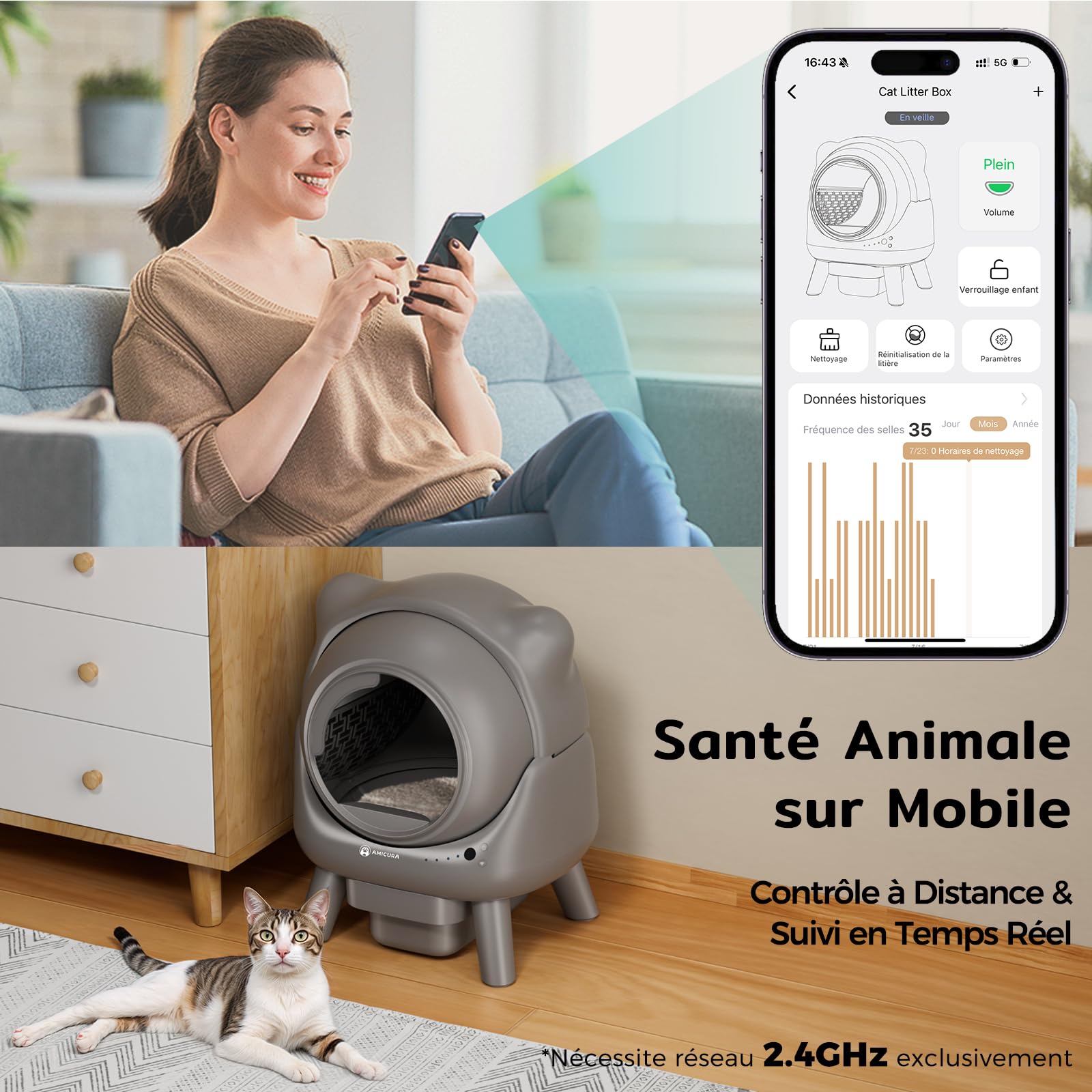 Amicura Cura X1 Litière Chat Autonettoyant avec Contrôle par Application,Capteur de Sécurité (Anti-Pinch), Anti-odeurs, Bac à Litière Autonettoyant, Litière Automatique Facile à Nettoyer