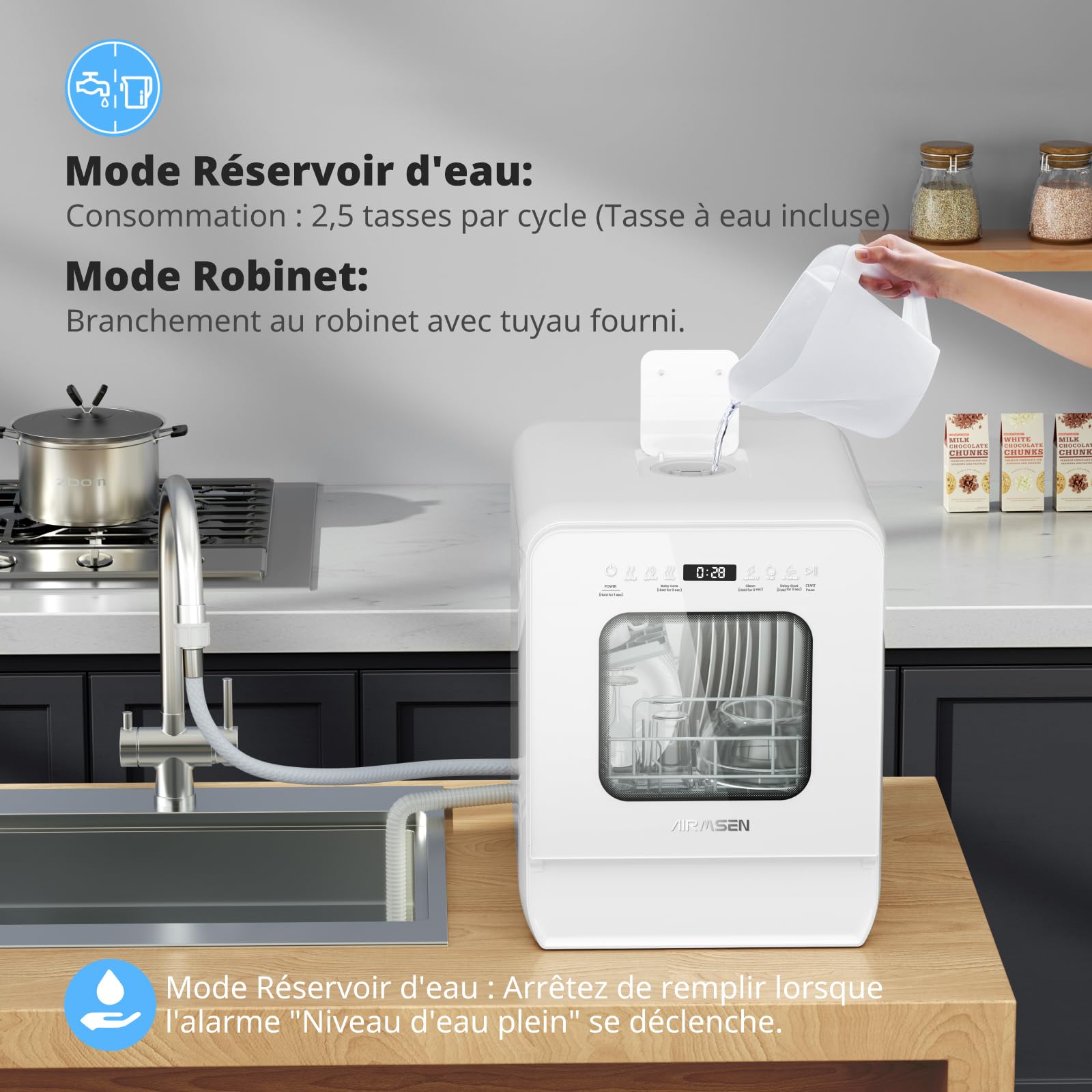 AIRMSEN Mini Lave-vaisselle de Table avec 7+2 Programmes, Design Ultra-Étroit & Profond 37 * 50cm, 4 couverts, Démarrage Différé 1-24H, Double Jet 360°, Réservoir d'Eau de 5L, Blanc (Blanc)