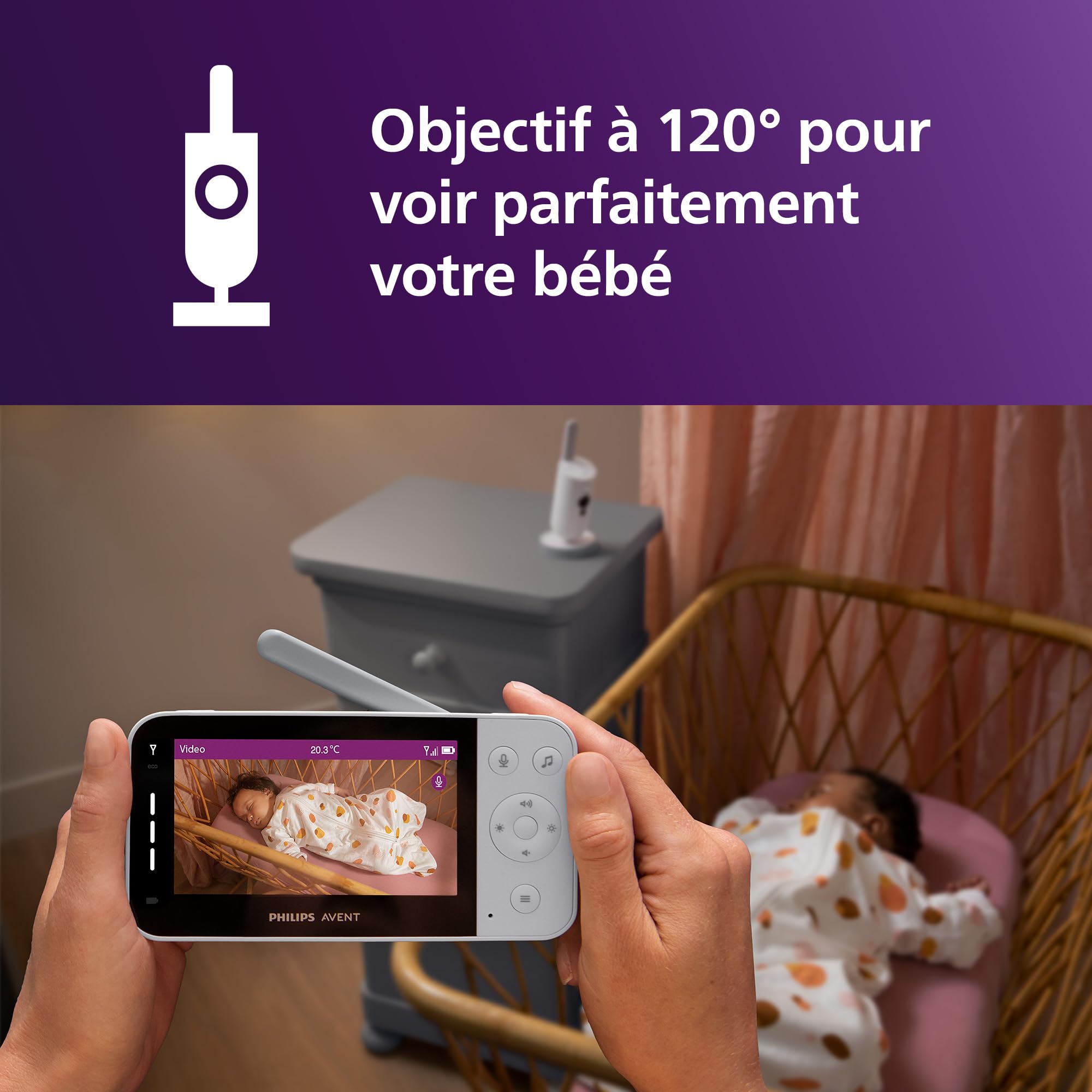 AVENT Philips babyphone Video connecté avec Wi-FI, caméra HD de Haute qualité, Vision Nocturne Infrarouge, détection des Pleurs, Audio bidirectionnel, 12 Heures d'autonomie en Mode éco, SCD951/26