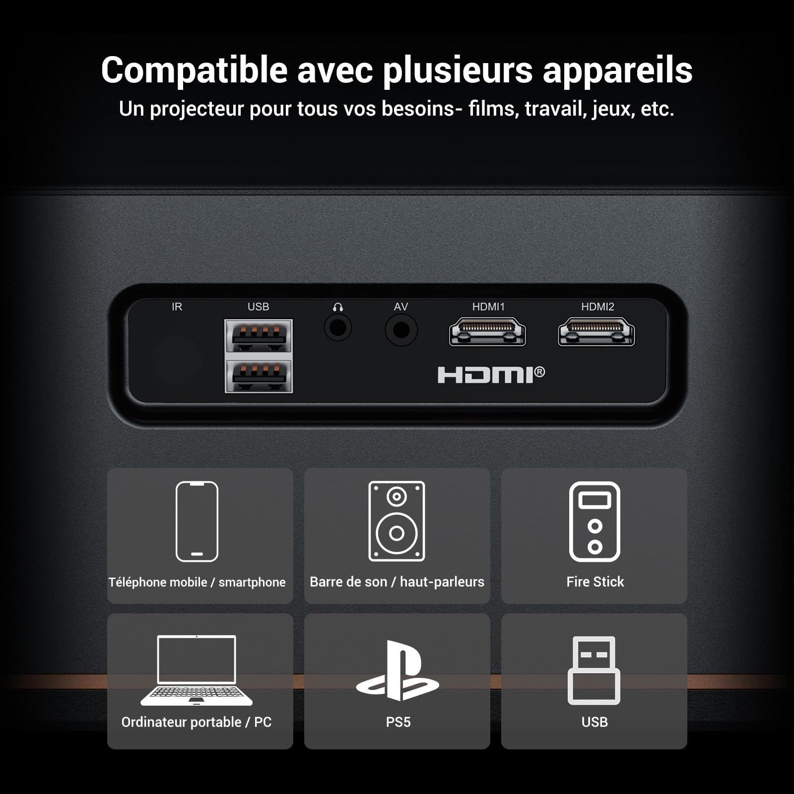 1500 ANSI Full HD Videoprojecteur 4k avec WiFi 6 Bluetooth 5.2, HAPPRUN Projecteur Video Home Cinéma avec Auto Focus et Keystone, 300" Vidéoprojecteur Extérieur Intérieur, Compatible TV Stick/PC/PS5