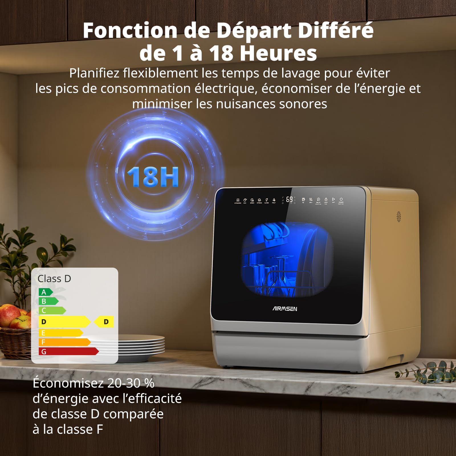 AIRMSEN Mini Lave-Vaisselle de Table, Lave-Vaisselle Portable 5L, 8 Programmes + 3 Programmes supplémentaires, Départ Différé 1-18 h, Adoucisseur d’Eau et Sécurité Enfant