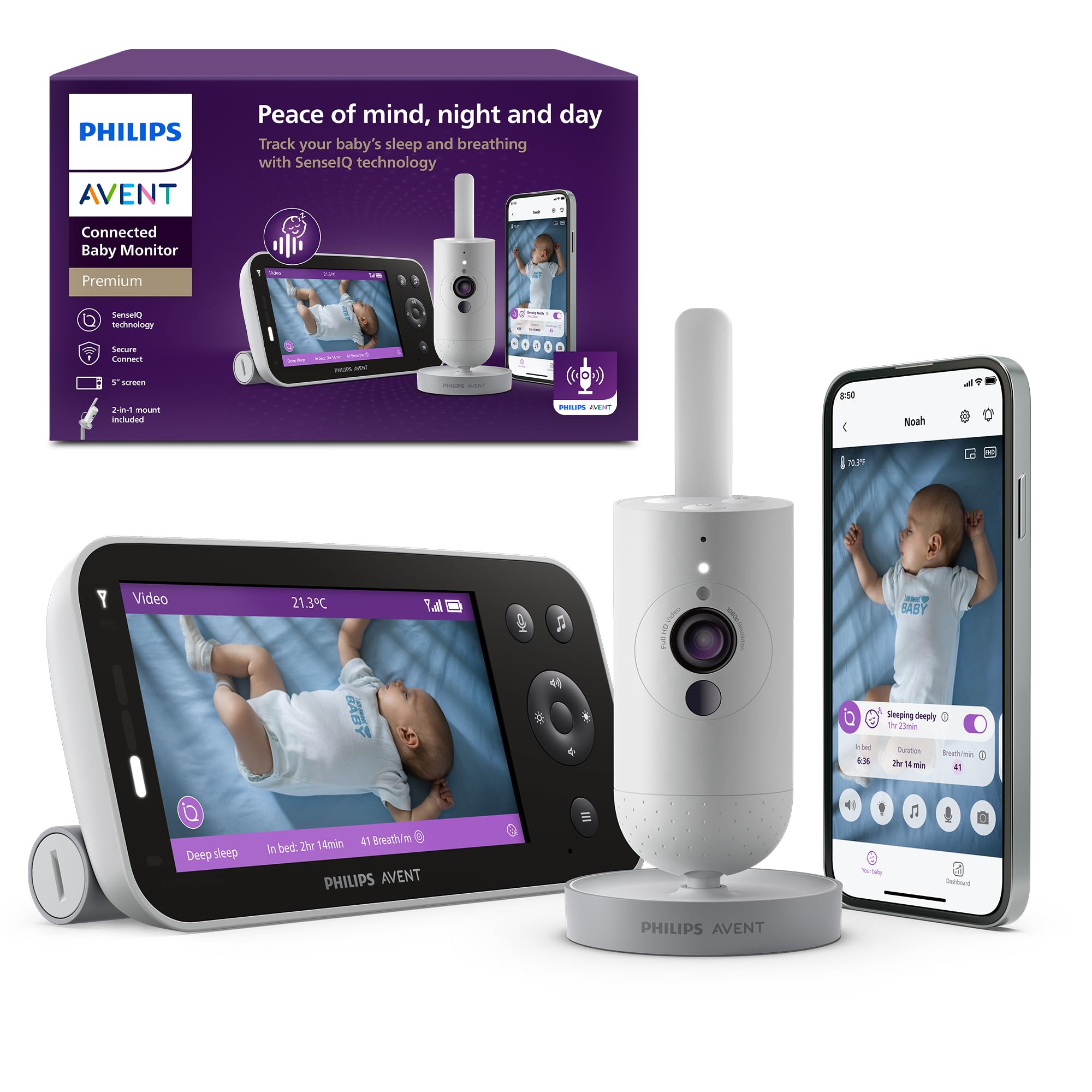 AVENT Philips Babyphone vidéo connecté HD, Moniteur Le Plus avancé à ce Jour, Suivi IA du Sommeil et de la Respiration, Application, Affichage Jour et Nuit Ultra-Clair, SCD973/26