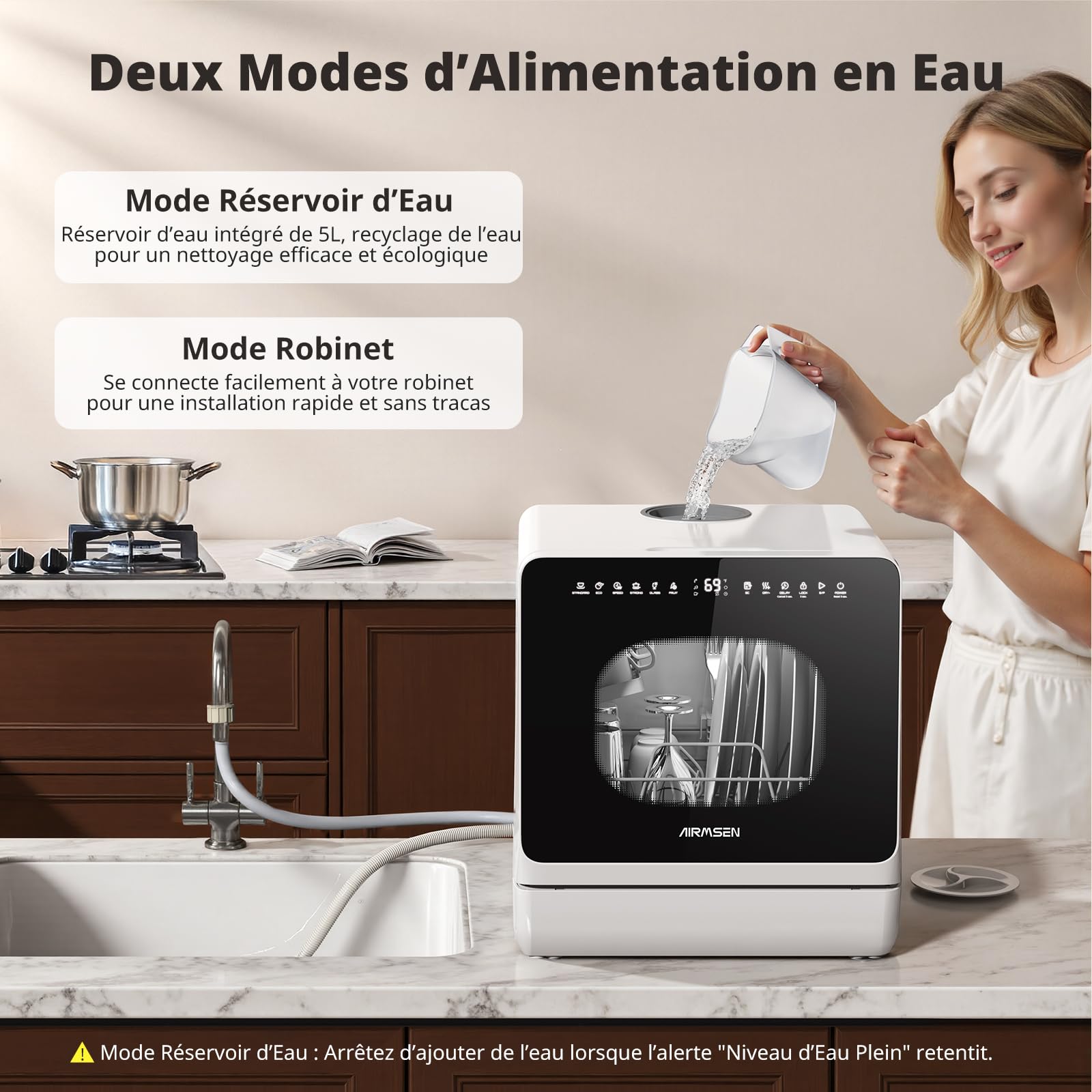 AIRMSEN Mini Lave-Vaisselle de Table, Lave-Vaisselle Portable 5L, 8 Programmes + 3 Programmes supplémentaires, Départ Différé 1-18 h, Adoucisseur d’Eau et Sécurité Enfant