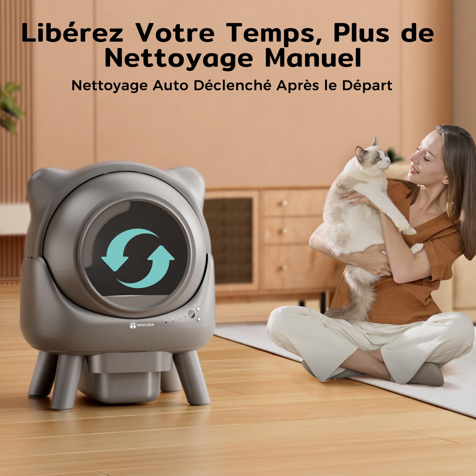 Amicura Cura X1 Litière Chat Autonettoyant avec Contrôle par Application,Capteur de Sécurité (Anti-Pinch), Anti-odeurs, Bac à Litière Autonettoyant, Litière Automatique Facile à Nettoyer