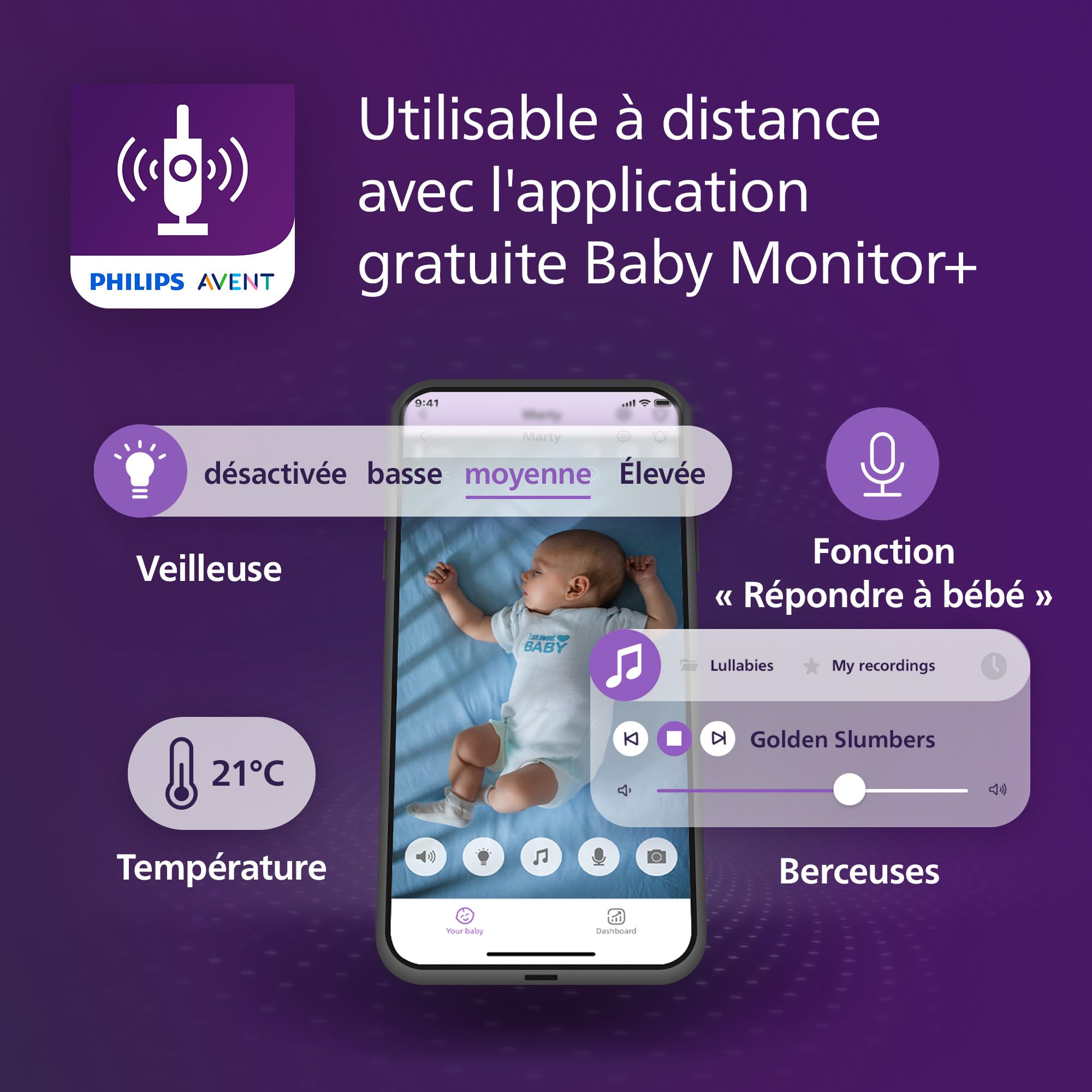 AVENT Philips babyphone Video connecté avec Wi-FI, caméra HD de Haute qualité, Vision Nocturne Infrarouge, détection des Pleurs, Audio bidirectionnel, 12 Heures d'autonomie en Mode éco, SCD951/26