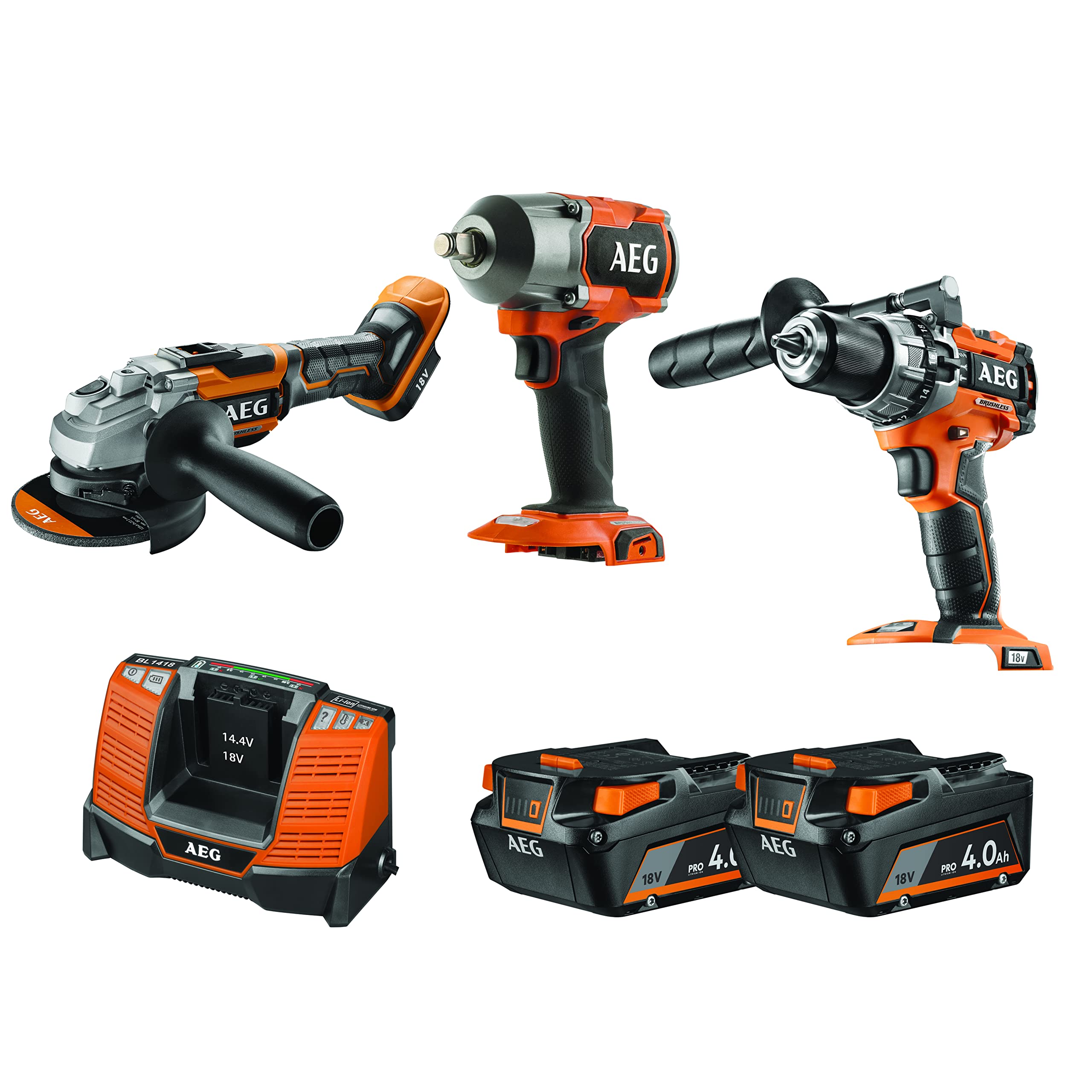AEG - Pack 3 outils Brushless - Perceuse à percussion 18V, boulonneuse à chocs 18V, meuleuse 125 mm 18V, 2 batteries 4,0 Ah, chargeur, sac de rangement - JP18AA3-402B LK1