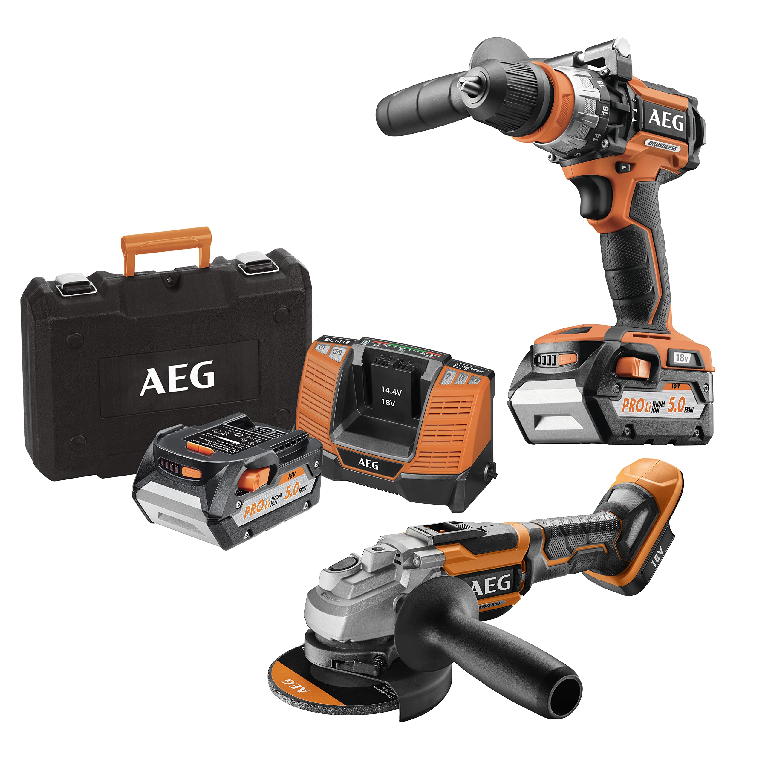 AEG - Duo Brushless : Perceuse percussion Brushless, meuleuse 125mm Brushless, 2 batt. 5,0Ah chargeur, grans sac de transport